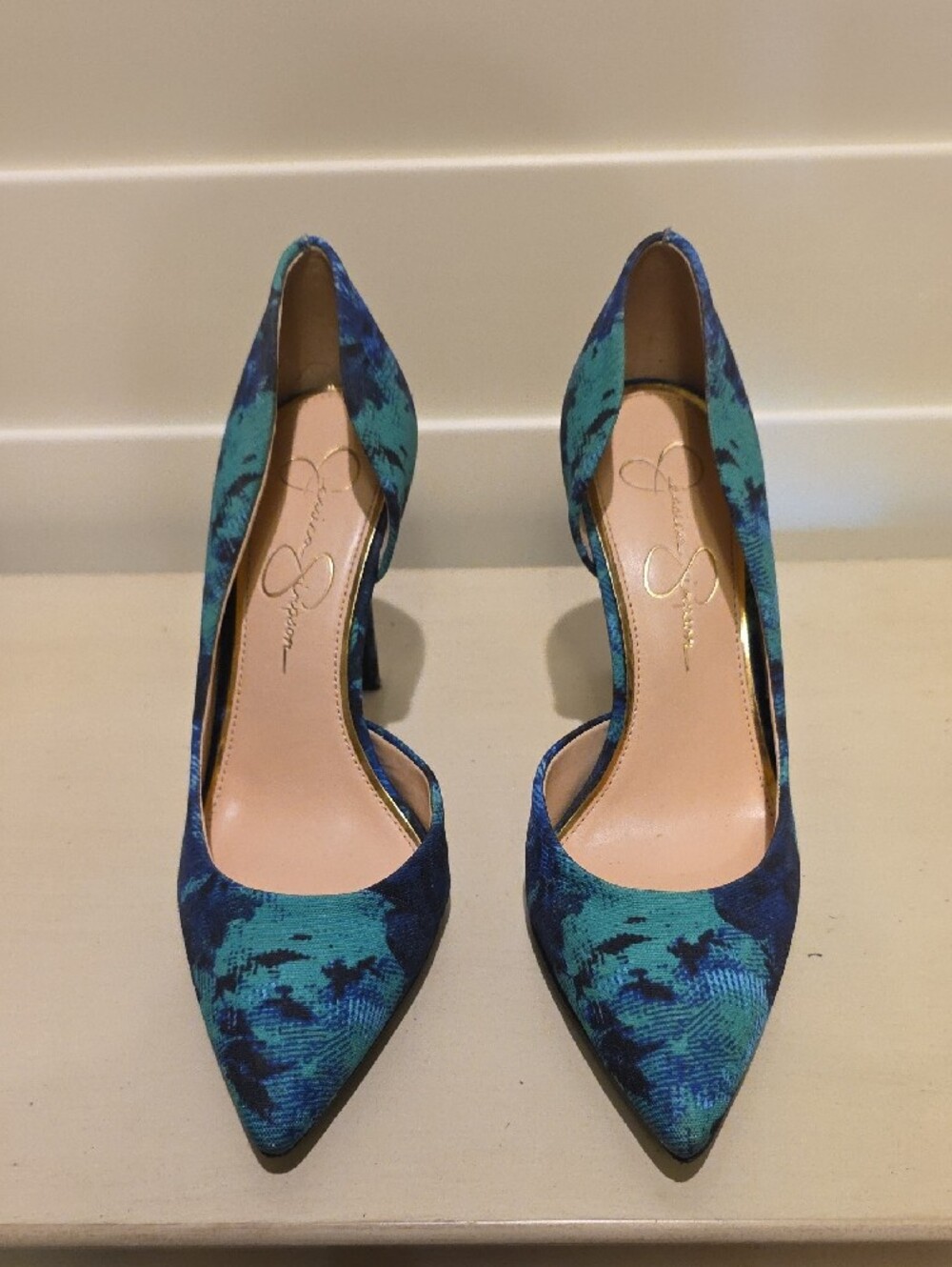 Jessica Simpson Teal and Navy Patterned Pointed-Toe Pumps - Picture 2 of 4